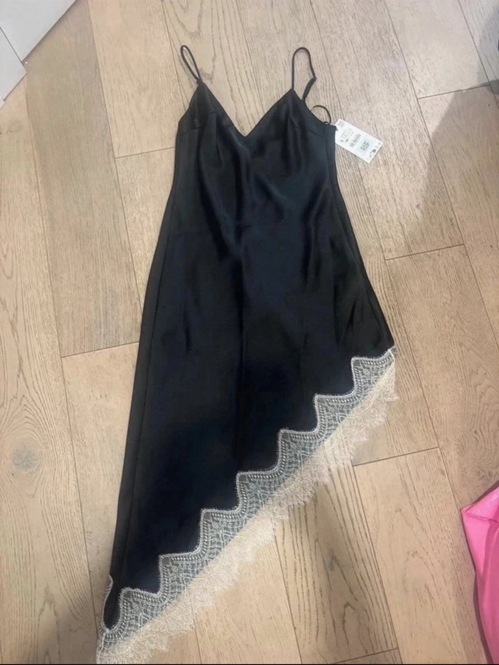 Zara Black Satin Asymmetrical Slip Dress with White Lace Trim - Picture 6 of 6